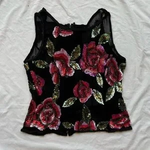 Black and red floral rose sequin beaded bead sheer lace tank top